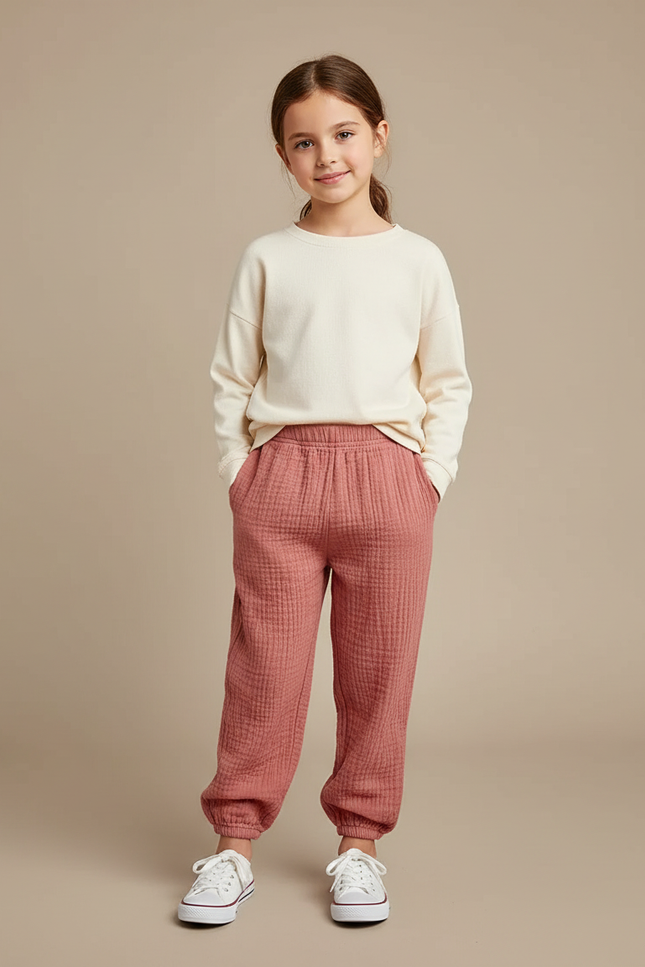 Pantalon Chino Rose Texturé Ample Enfant Décontracté - Maille