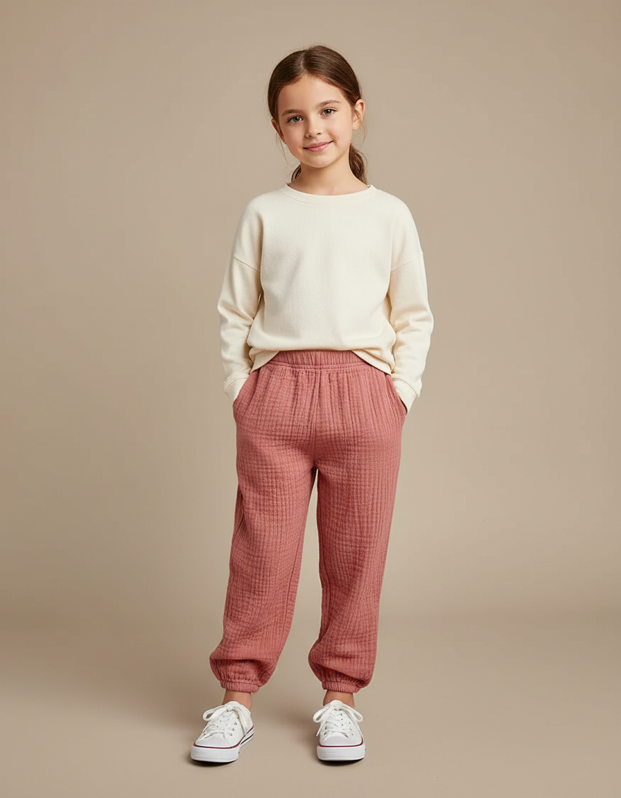 Pantalon Chino Rose Texturé Ample Enfant Décontracté - Maille