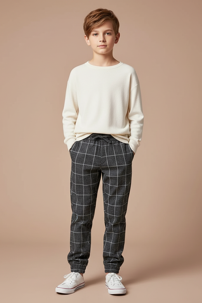 Pantalon Chino Carreaux Gris Enfant Décontracté - Tweed