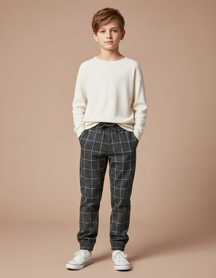 Pantalon Chino Carreaux Gris Enfant Décontracté - Tweed