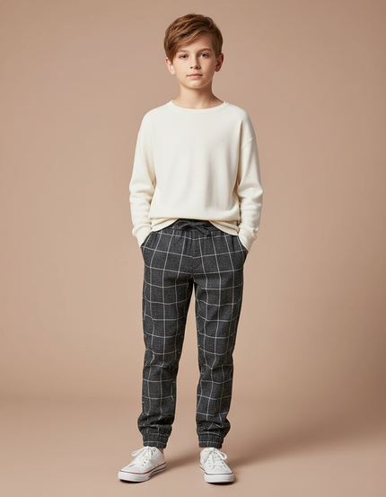 Pantalon Chino Carreaux Gris Enfant Décontracté - Tweed