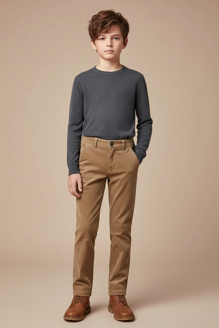 Pantalon Chino Velours Côtelé Marron Coupe Droite Garçon - Camel Cordé