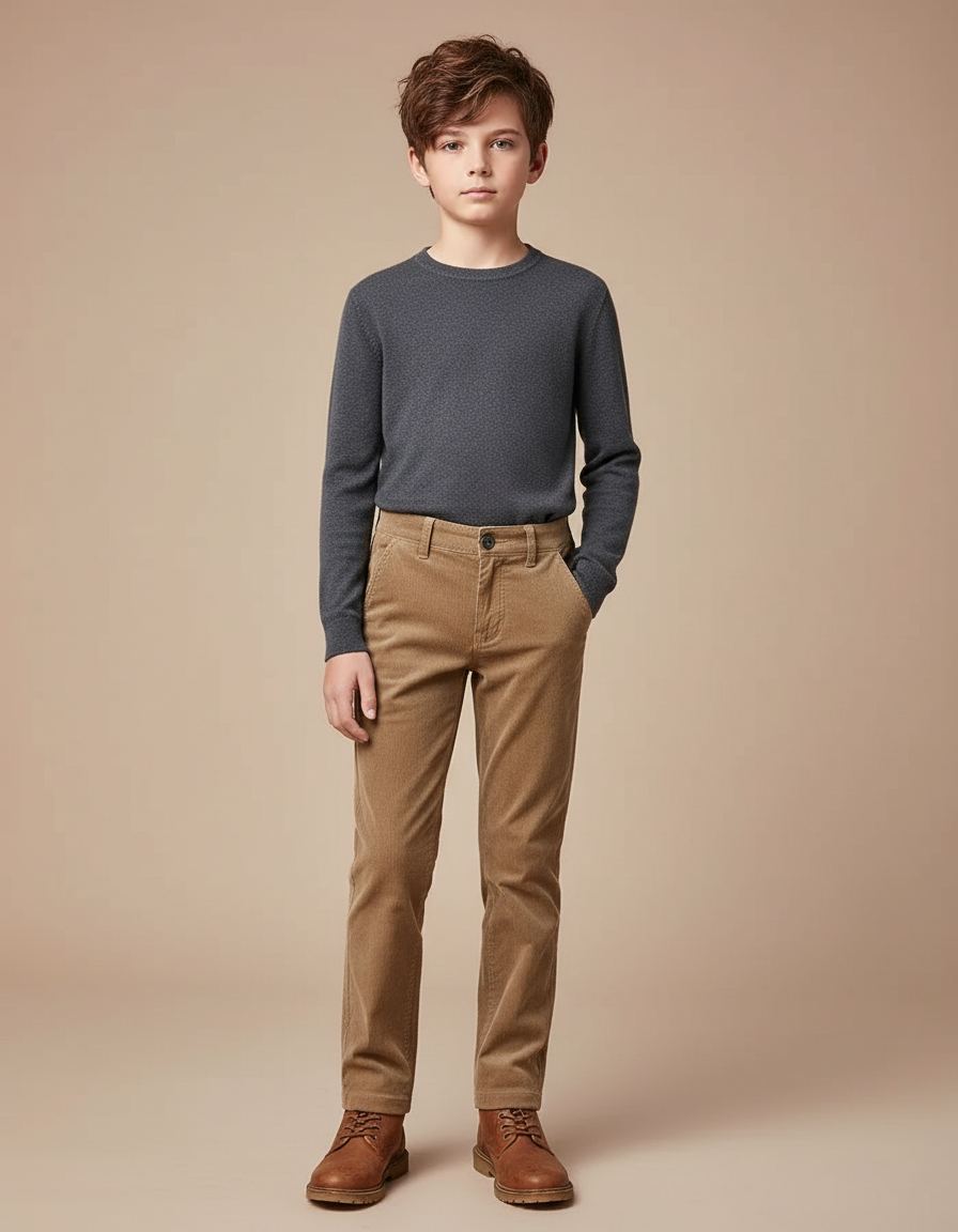 Pantalon Chino Velours Côtelé Marron Coupe Droite Garçon - Camel Cordé