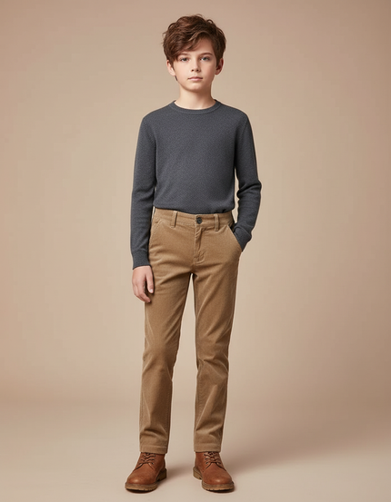 Pantalon Chino Velours Côtelé Marron Coupe Droite Garçon - Camel Cordé