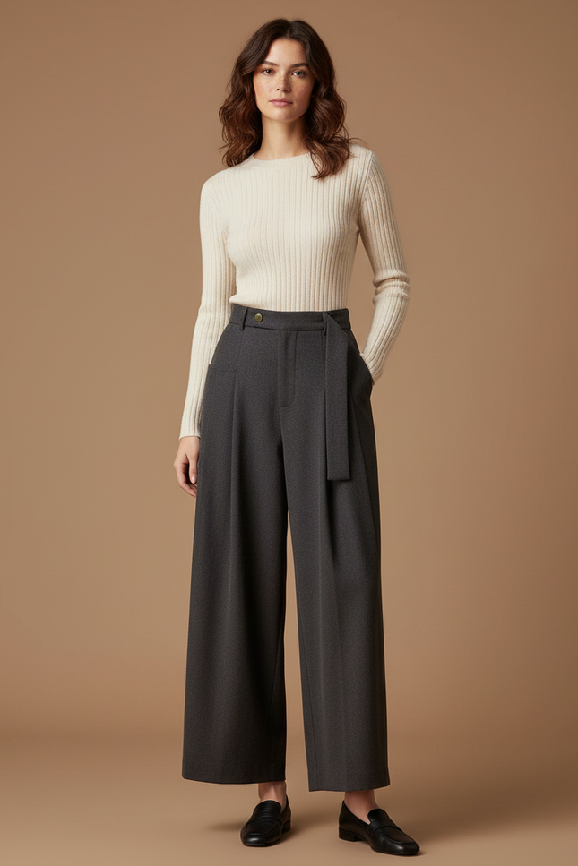Pantalon Chino Gris Laine Ample Taille Haute Élégant