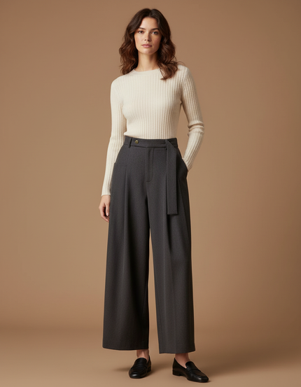Pantalon Chino Gris Laine Ample Taille Haute Élégant