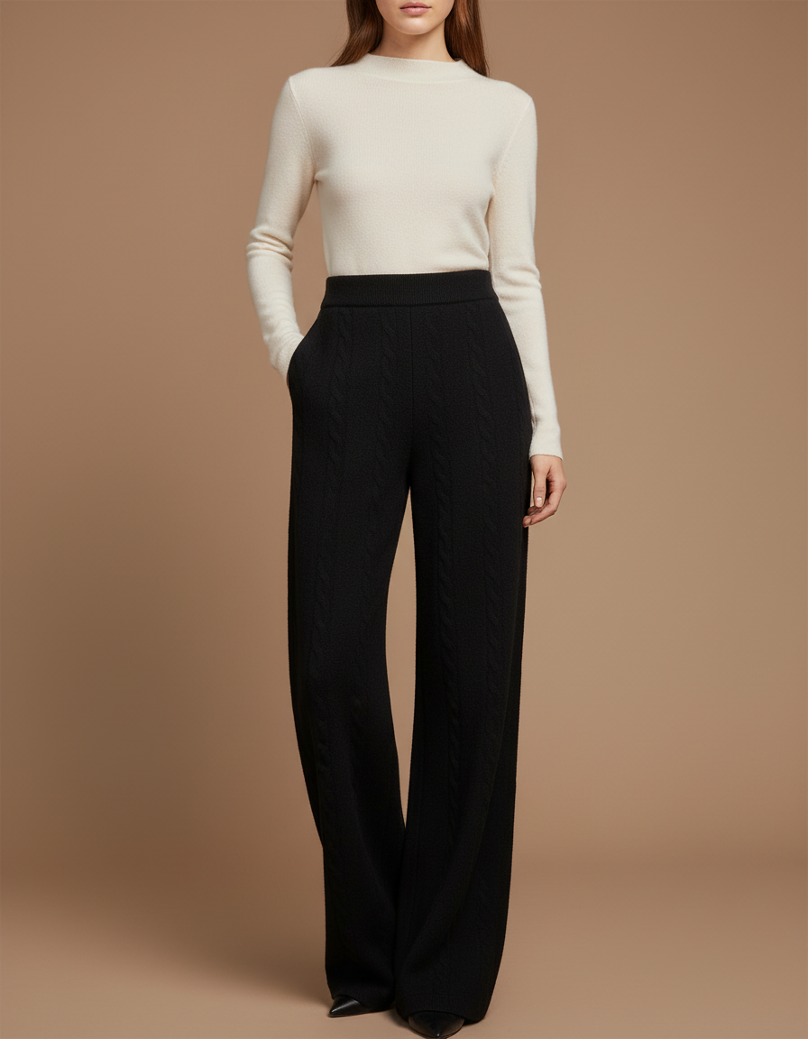 Pantalon Chino Noir Maille Tressée Ample Confortable