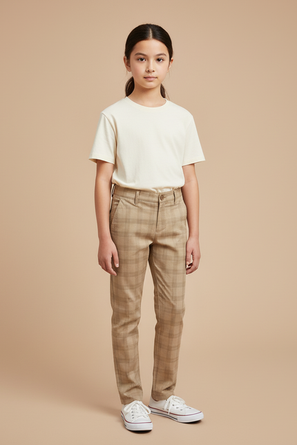 Pantalon Chino Carreaux Beige Droit Enfant Décontracté - Gabardine