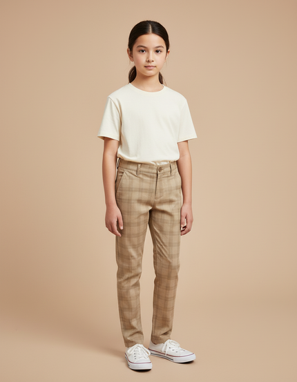 Pantalon Chino Carreaux Beige Droit Enfant Décontracté - Gabardine