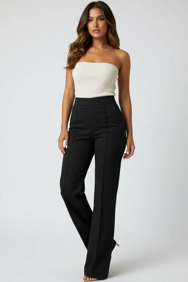 Pantalon Chino Noir Évasé Taille Haute Élégant Femme - Polyester