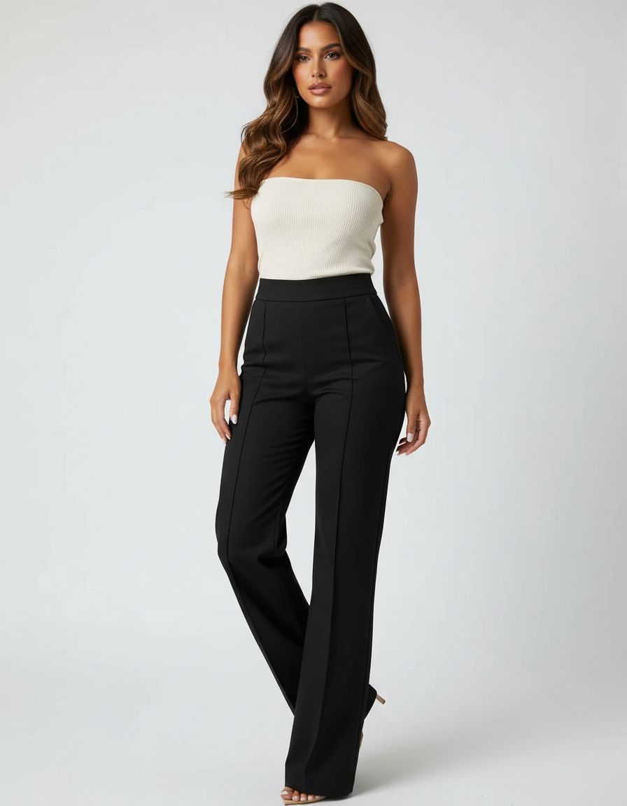Pantalon Chino Noir Évasé Taille Haute Élégant Femme - Polyester
