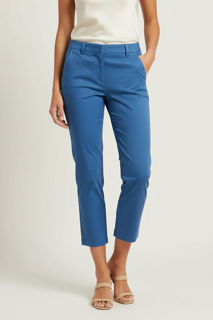 Pantalon Chino Bleu Marine Coupe Droite Court Femme - Coton