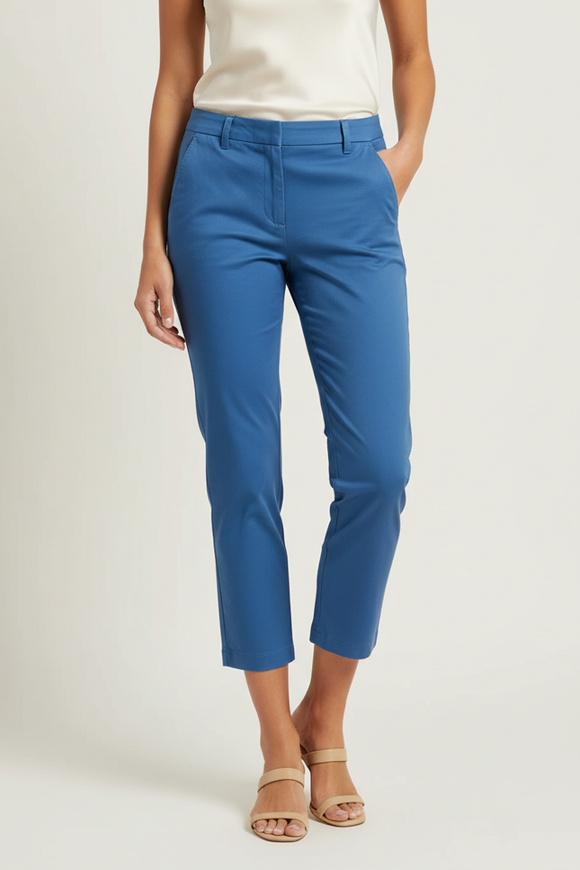 Pantalon Chino Bleu Marine Coupe Droite Court Femme - Coton