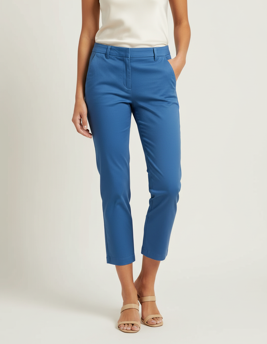 Pantalon Chino Bleu Marine Coupe Droite Court Femme - Coton