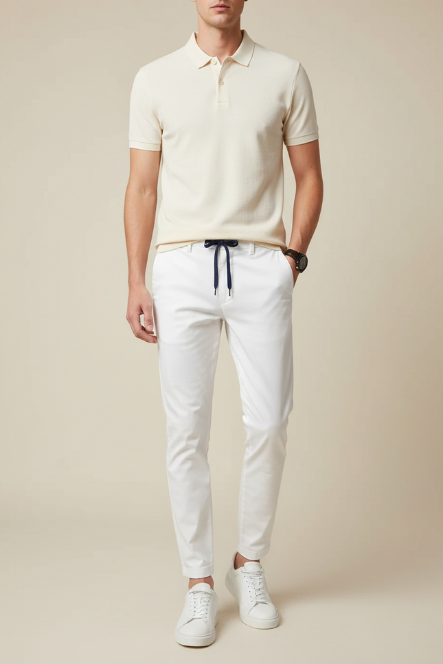 Pantalon Chino Blanc Slim Coton Décontracté Cordon