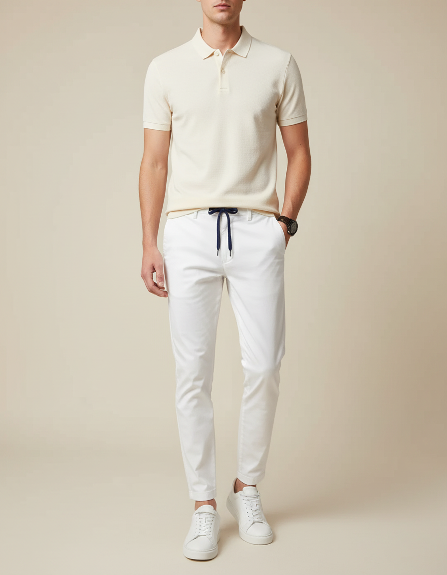 Pantalon Chino Blanc Slim Coton Décontracté Cordon