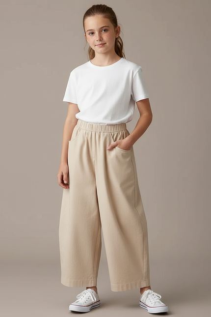 Pantalon Chino Beige Ample Coton Fille Décontracté