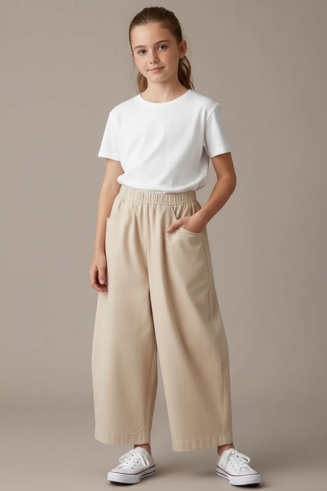 Pantalon Chino Beige Ample Coton Fille Décontracté