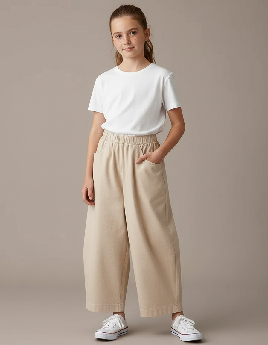 Pantalon Chino Beige Ample Coton Fille Décontracté