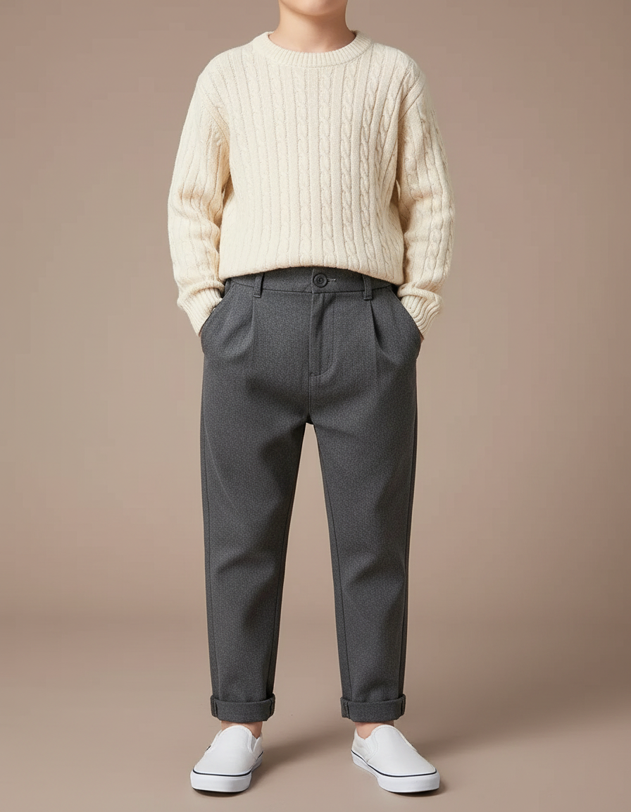Pantalon Chino Gris Plissé Décontracté Enfant - Gabardine