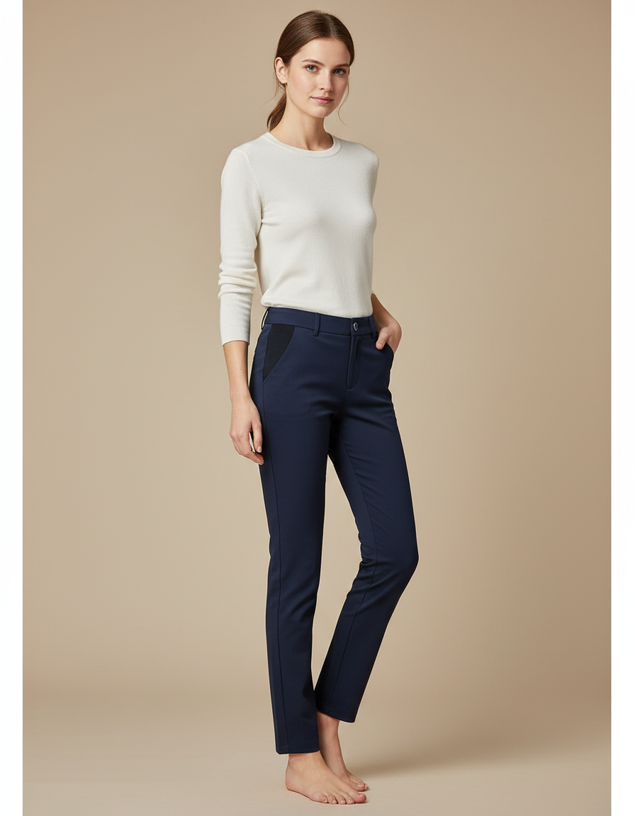 Pantalon Chino Bleu Marine Droit Extensible Élégant Femme - Polyester