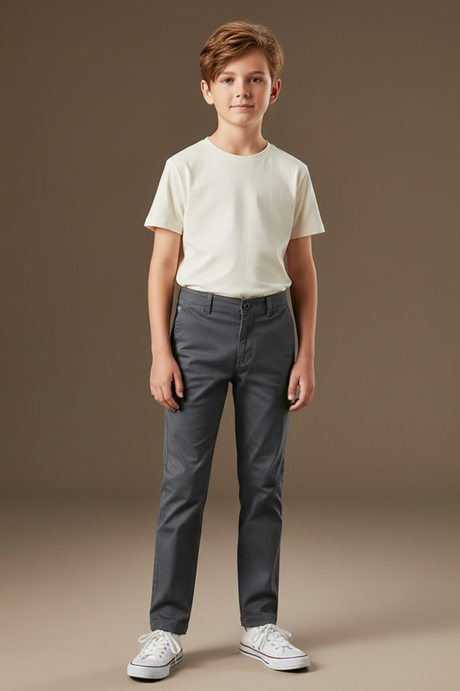 Pantalon Chino Gris Coton Droit Garçon Basique