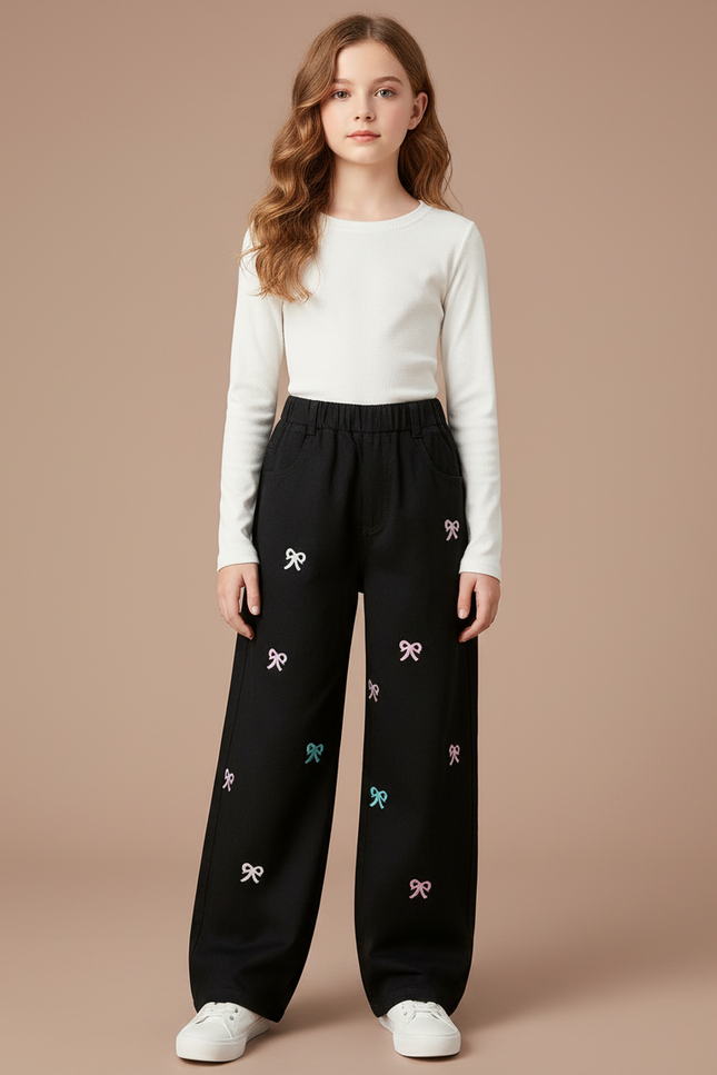 Pantalon Chino Noir Ample Broderies Nœuds Fille - Coton