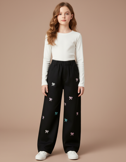 Pantalon Chino Noir Ample Broderies Nœuds Fille - Coton