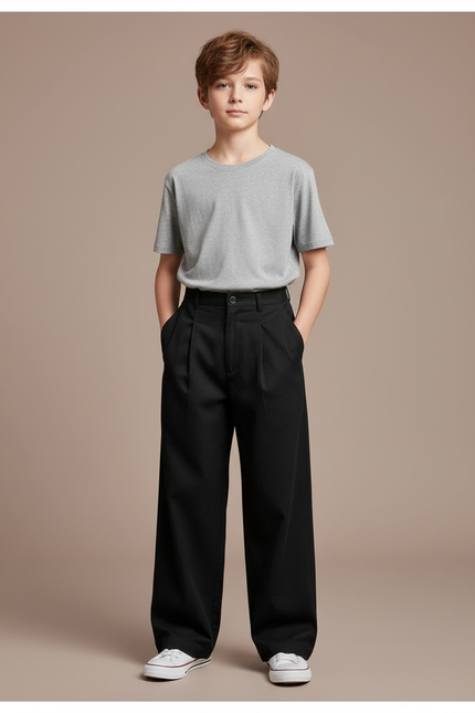 Pantalon Chino Noir Plissé Ample Décontracté Enfant - Gabardine