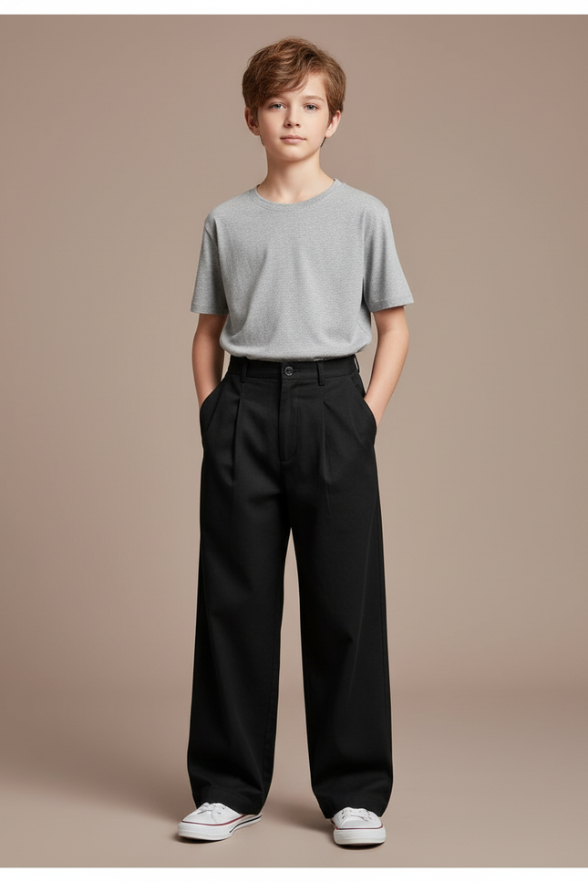Pantalon Chino Noir Plissé Ample Décontracté Enfant - Gabardine