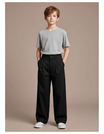 Pantalon Chino Noir Plissé Ample Décontracté Enfant - Gabardine