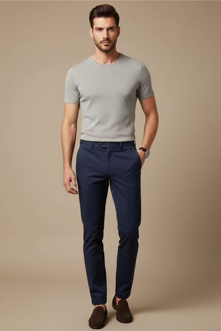 Pantalon Chino Marine Coton Slim Élégant Homme