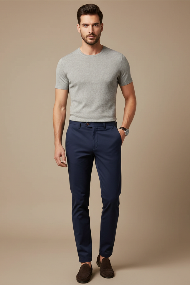Pantalon Chino Marine Coton Slim Élégant Homme