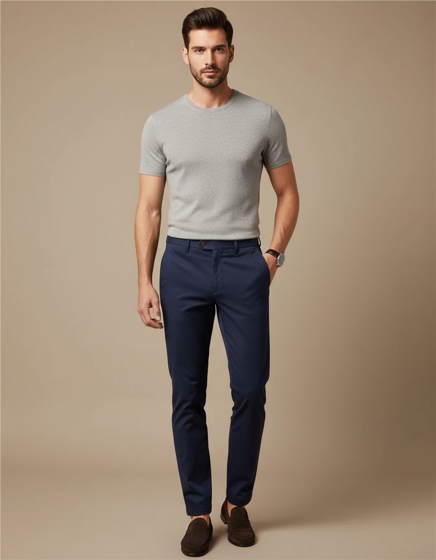 Pantalon Chino Marine Coton Slim Élégant Homme
