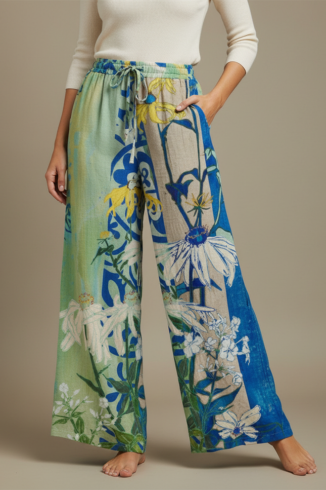 Pantalon Chino Large Imprimé Floral Fluide Coloré - Lin
