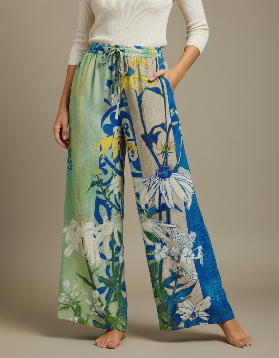 Pantalon Chino Large Imprimé Floral Fluide Coloré - Lin