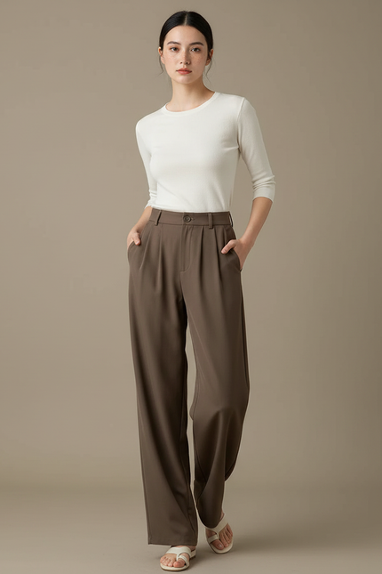 Pantalon Chino Marron Ample Plissé Élégant Femme - Polyester