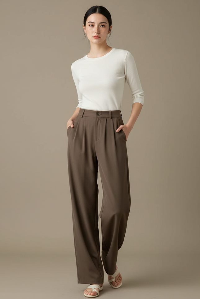 Pantalon Chino Marron Ample Plissé Élégant Femme - Polyester