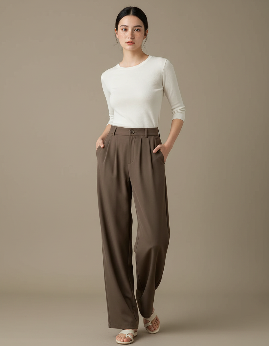 Pantalon Chino Marron Ample Plissé Élégant Femme - Polyester