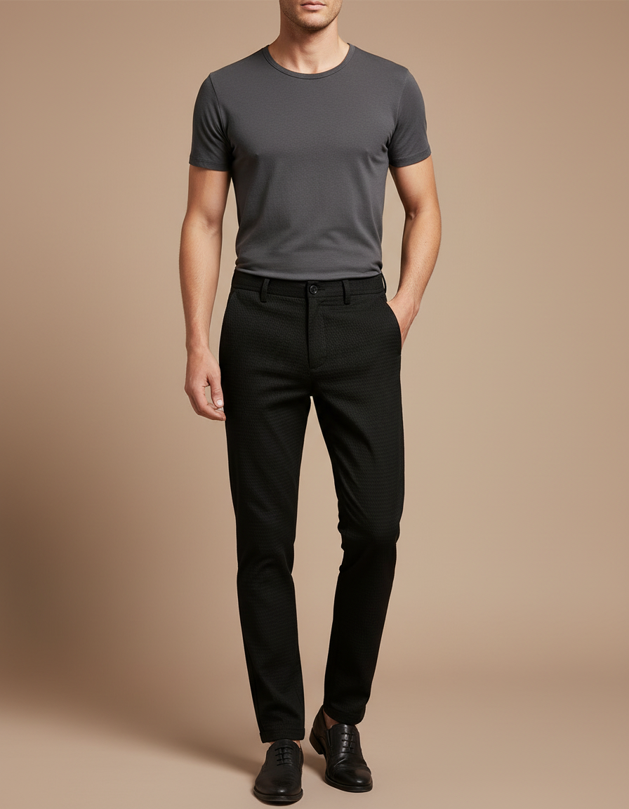 Pantalon Chino Noir Slim Texturé Élégant Homme - Polyester