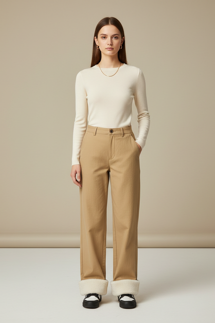 Pantalon Chino Beige Droit Épais Doublé Polaire Femme - Gabardine