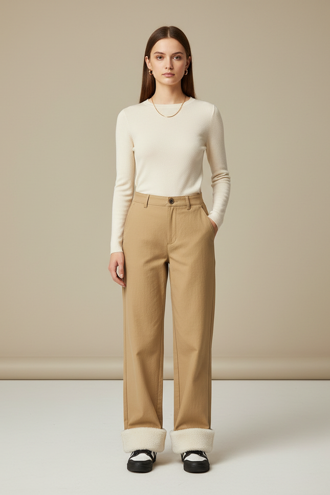 Pantalon Chino Beige Droit Épais Doublé Polaire Femme - Gabardine