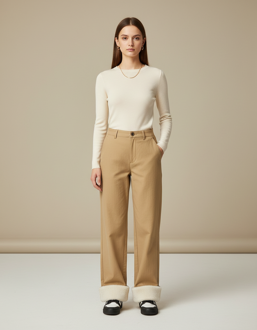 Pantalon Chino Beige Droit Épais Doublé Polaire Femme - Gabardine