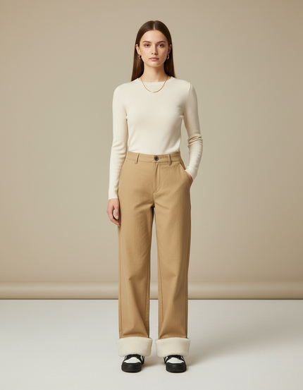 Pantalon Chino Beige Droit Épais Doublé Polaire Femme - Gabardine