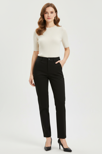Pantalon Chino Noir Élastique Taille Mi-Haute Droit Femme - Polyester