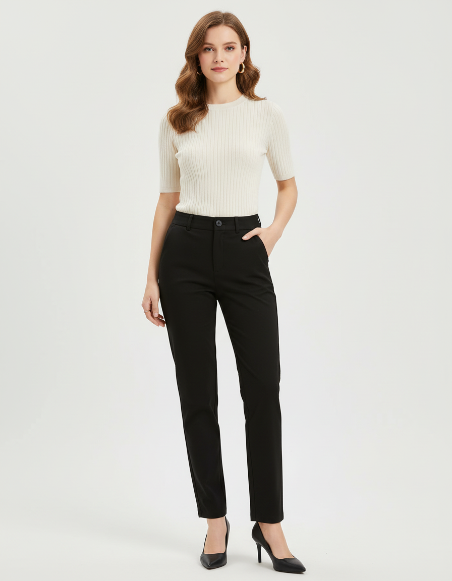 Pantalon Chino Noir Élastique Taille Mi-Haute Droit Femme - Polyester