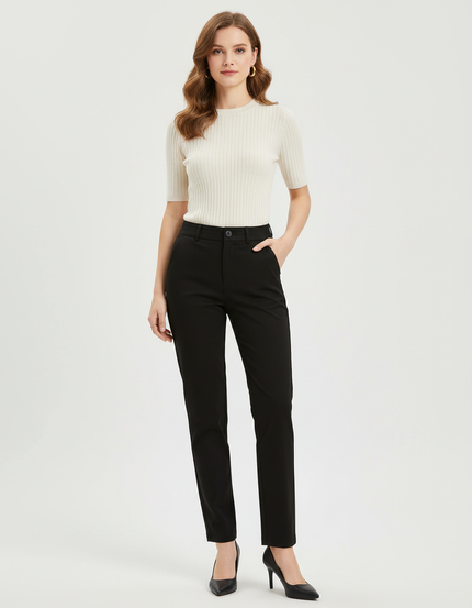 Pantalon Chino Noir Élastique Taille Mi-Haute Droit Femme - Polyester