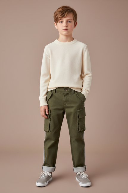 Pantalon Chino Kaki Cargo Bandes Latérales Coton Enfant