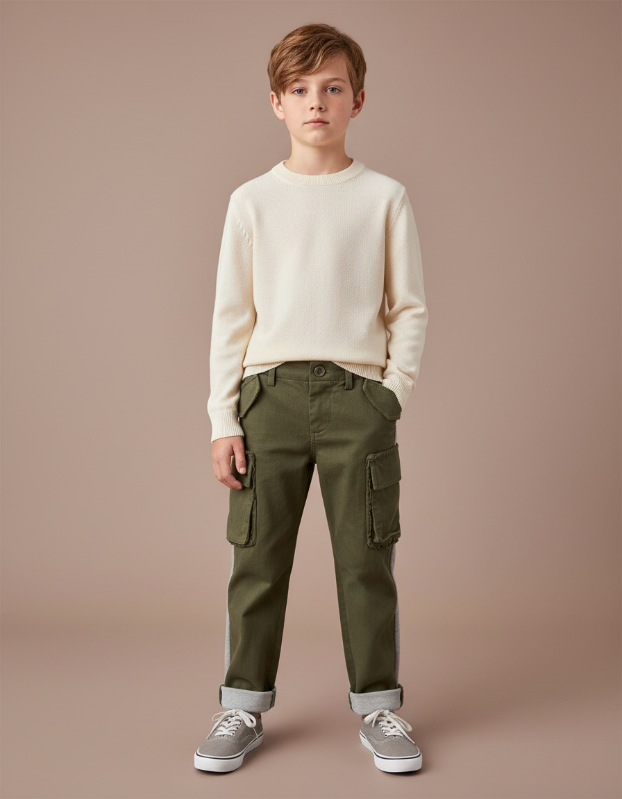 Pantalon Chino Kaki Cargo Bandes Latérales Coton Enfant