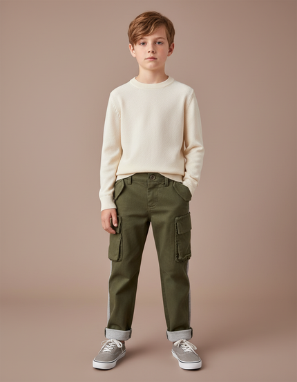 Pantalon Chino Kaki Cargo Bandes Latérales Coton Enfant